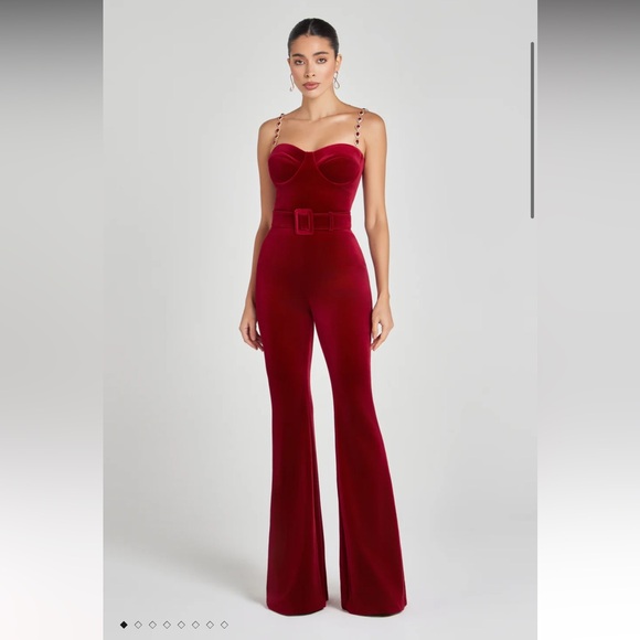 NADINE MERABI Pants - new Nadine Merabi Harley velvet belted embellished strap jumpsuit in red